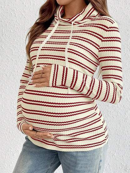 Striped Maternity Nursing Hoodie with Long Sleeve Drop Shoulder and Drawstring Detail in Apricot Knit for Autumn Winter