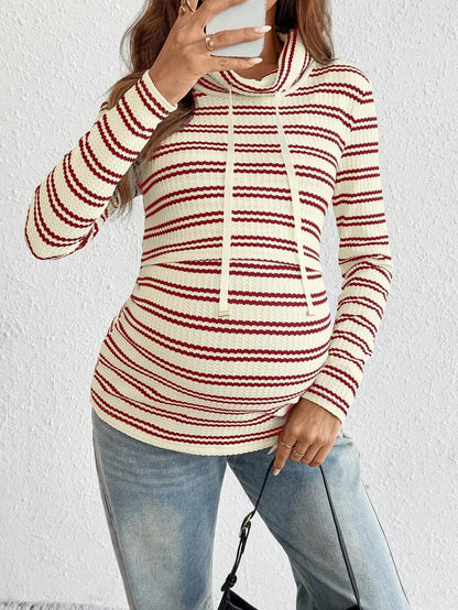 Striped Maternity Nursing Hoodie with Long Sleeve Drop Shoulder and Drawstring Detail in Apricot Knit for Autumn Winter