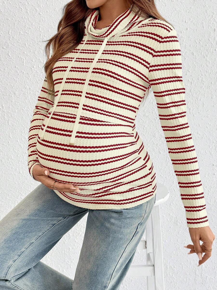 Striped Maternity Nursing Hoodie with Long Sleeve Drop Shoulder and Drawstring Detail in Apricot Knit for Autumn Winter