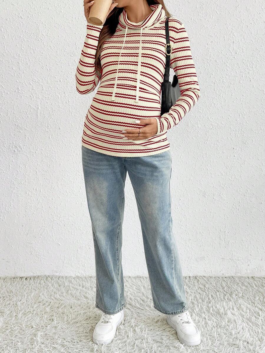 Striped Maternity Nursing Hoodie with Long Sleeve Drop Shoulder and Drawstring Detail in Apricot Knit for Autumn Winter