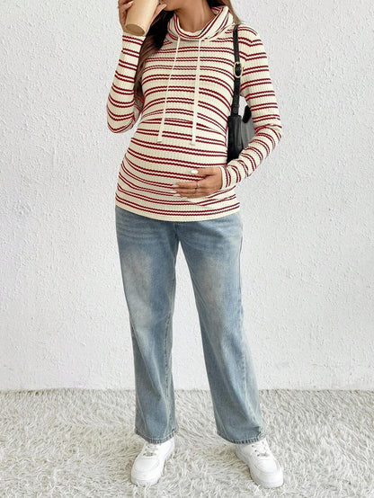 Striped Maternity Nursing Hoodie with Long Sleeve Drop Shoulder and Drawstring Detail in Apricot Knit for Autumn Winter