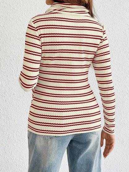 Striped Maternity Nursing Hoodie with Long Sleeve Drop Shoulder and Drawstring Detail in Apricot Knit for Autumn Winter