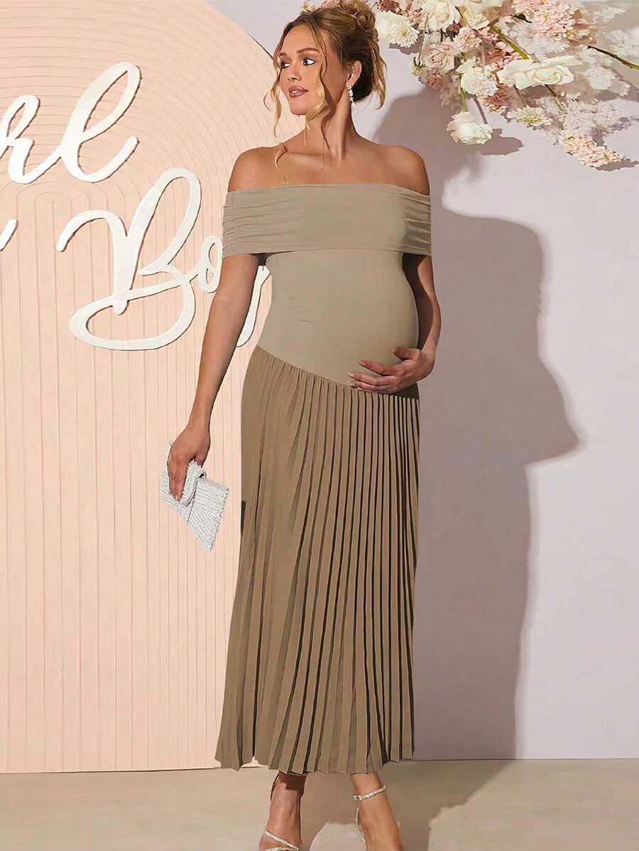 Maternity Off Shoulder Ruched Hem Dress - Elegant Solid Color Slim Fit Bodycon Gown for Baby Shower, Gender Reveal & Photoshoot