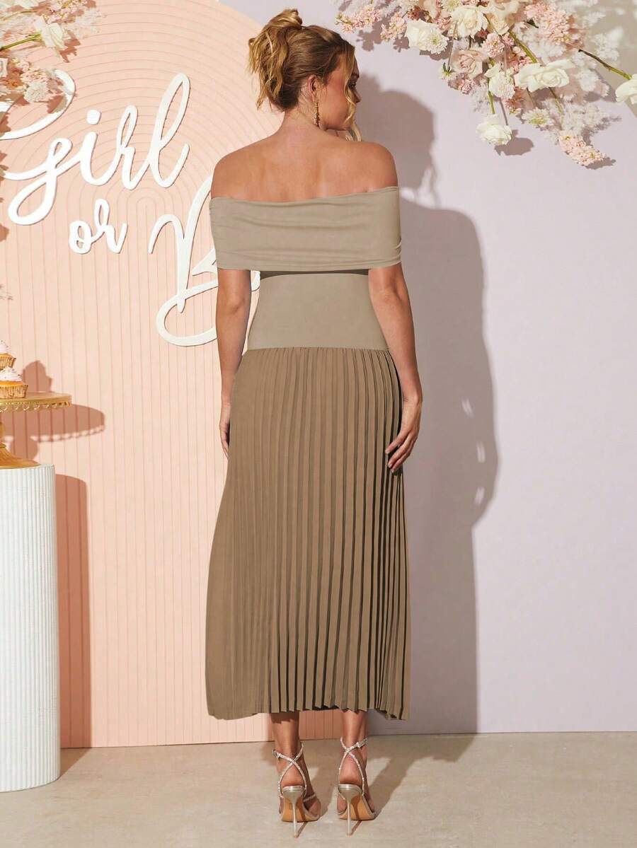Maternity Off Shoulder Ruched Hem Dress - Elegant Solid Color Slim Fit Bodycon Gown for Baby Shower, Gender Reveal & Photoshoot