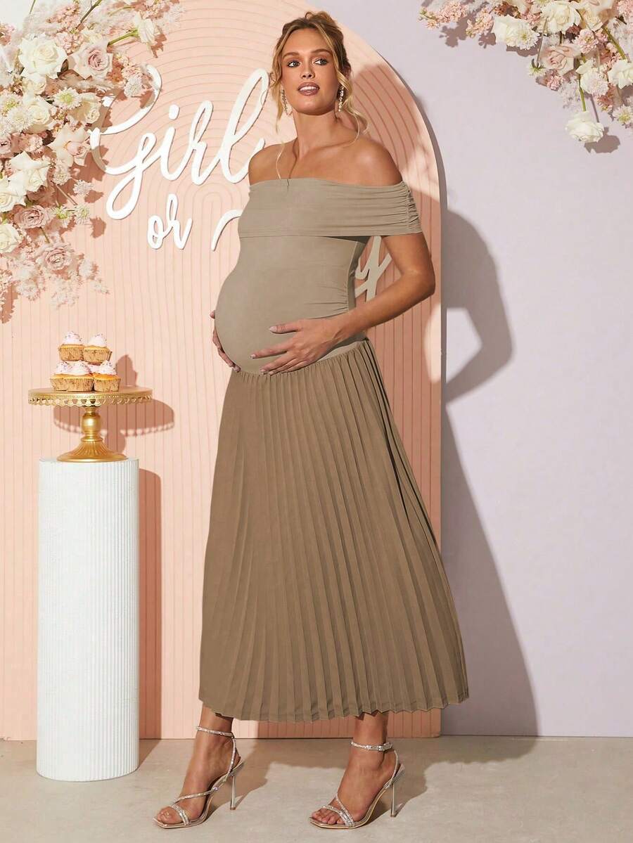 Maternity Off Shoulder Ruched Hem Dress - Elegant Solid Color Slim Fit Bodycon Gown for Baby Shower, Gender Reveal & Photoshoot