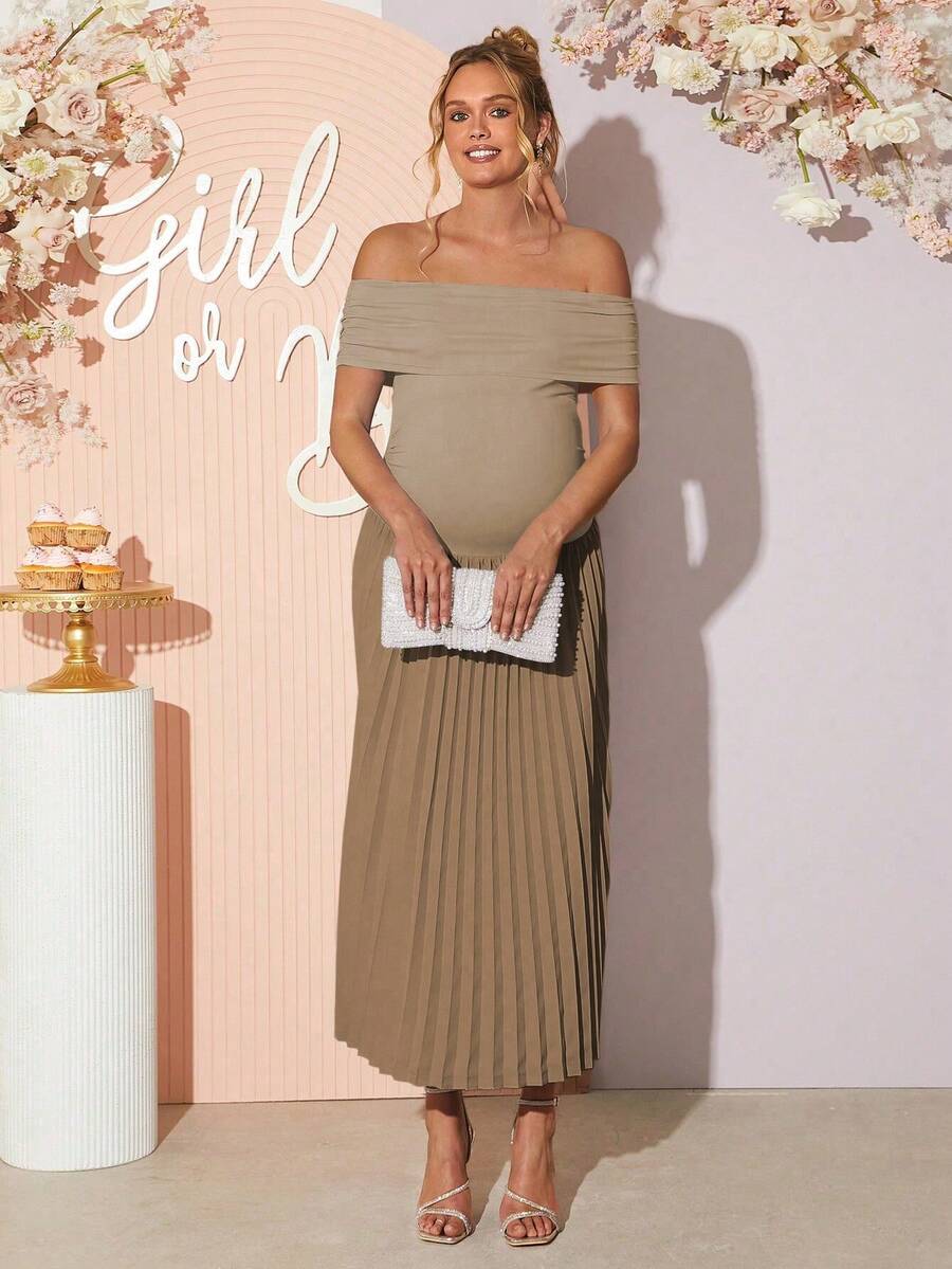 Maternity Off Shoulder Ruched Hem Dress - Elegant Solid Color Slim Fit Bodycon Gown for Baby Shower, Gender Reveal & Photoshoot