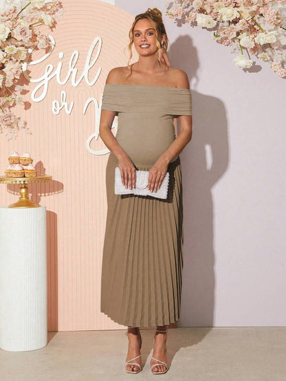 Maternity Off Shoulder Ruched Hem Dress - Elegant Solid Color Slim Fit Bodycon Gown for Baby Shower, Gender Reveal & Photoshoot
