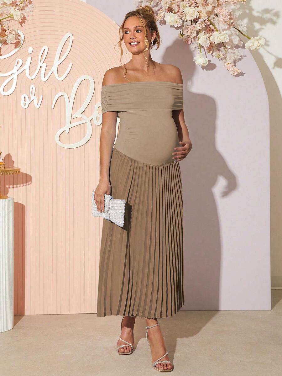 Maternity Off Shoulder Ruched Hem Dress - Elegant Solid Color Slim Fit Bodycon Gown for Baby Shower, Gender Reveal & Photoshoot