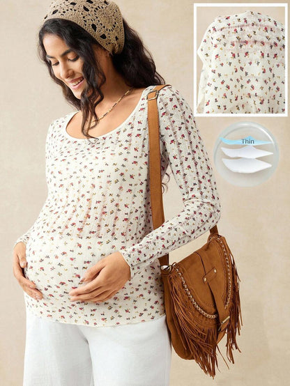 Apricot Ditsy Floral Maternity Long Sleeve Top - Slim Fit Scoop Neck Knitted Fall T-Shirt - Boho Maternity Loungewear