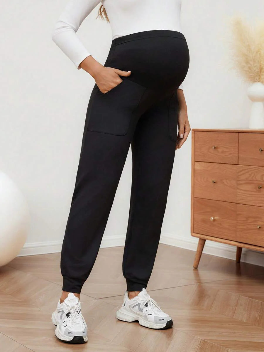 Maternity Sports Sweatpants Army Green Ultra High Waist Belly Support Knitted Joggers with Pockets for Beach and Casual Wear