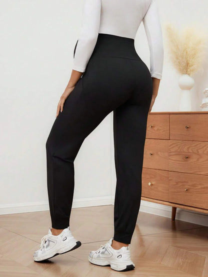 Maternity Sports Sweatpants Army Green Ultra High Waist Belly Support Knitted Joggers with Pockets for Beach and Casual Wear