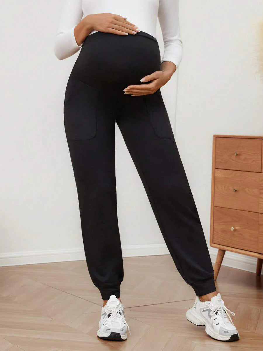 Maternity Sports Sweatpants Army Green Ultra High Waist Belly Support Knitted Joggers with Pockets for Beach and Casual Wear