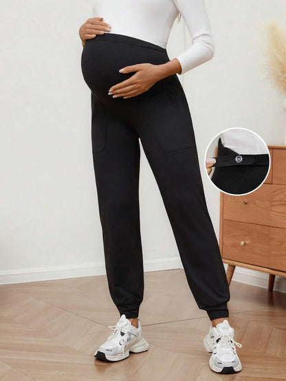 Maternity Sports Sweatpants Army Green Ultra High Waist Belly Support Knitted Joggers with Pockets for Beach and Casual Wear