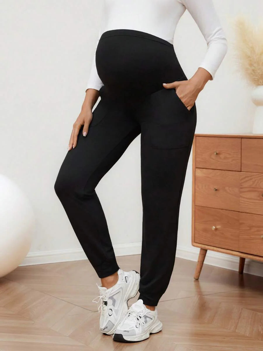 Maternity Sports Sweatpants Army Green Ultra High Waist Belly Support Knitted Joggers with Pockets for Beach and Casual Wear