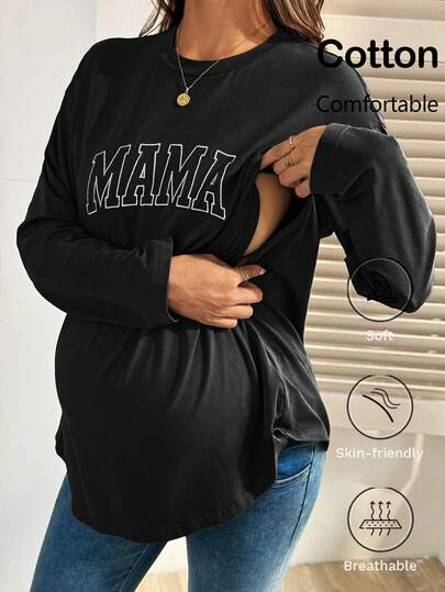 Black Cotton Mama Letter Nursing Sweatshirt Loose Fit Round Neck Long Sleeve Breastfeeding Top for New Moms Casual Maternity Streetwear