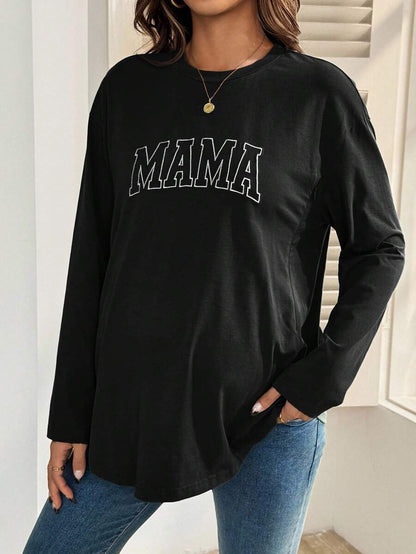 Black Cotton Mama Letter Nursing Sweatshirt Loose Fit Round Neck Long Sleeve Breastfeeding Top for New Moms Casual Maternity Streetwear