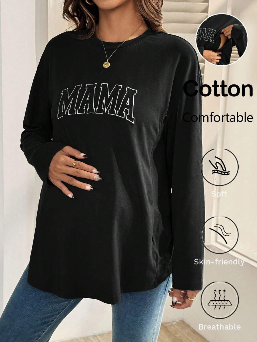Black Cotton Mama Letter Nursing Sweatshirt Loose Fit Round Neck Long Sleeve Breastfeeding Top for New Moms Casual Maternity Streetwear