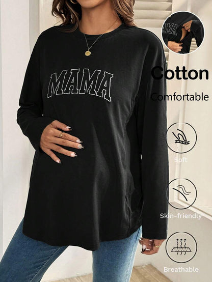 Black Cotton Mama Letter Nursing Sweatshirt Loose Fit Round Neck Long Sleeve Breastfeeding Top for New Moms Casual Maternity Streetwear