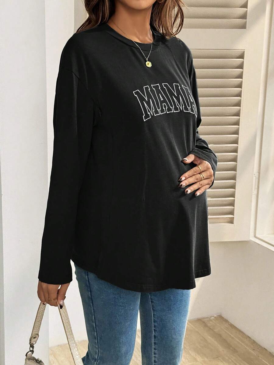Black Cotton Mama Letter Nursing Sweatshirt Loose Fit Round Neck Long Sleeve Breastfeeding Top for New Moms Casual Maternity Streetwear