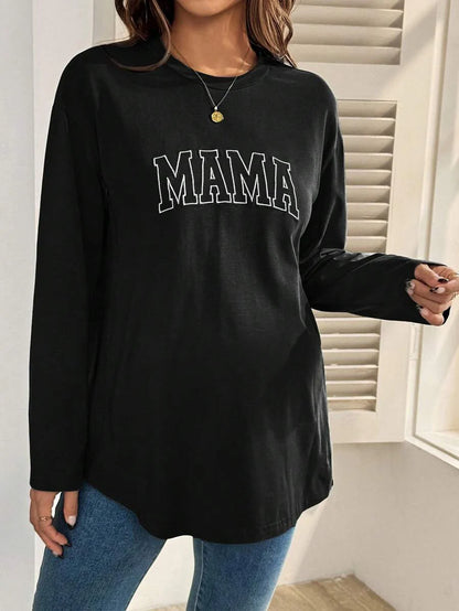 Black Cotton Mama Letter Nursing Sweatshirt Loose Fit Round Neck Long Sleeve Breastfeeding Top for New Moms Casual Maternity Streetwear