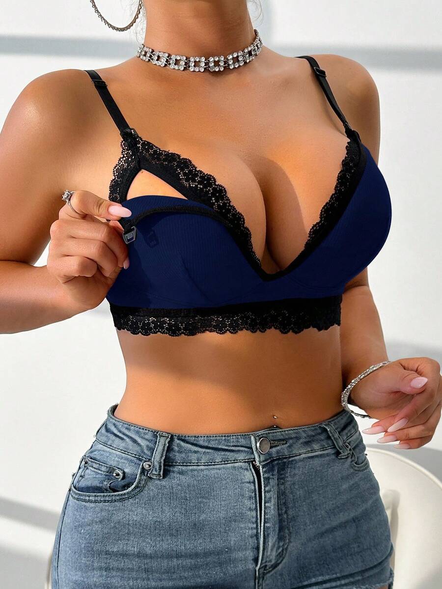Lace Trim Nursing Bra Wireless Grey Maternity Strapless Bralette with Adjustable Straps for Daily Support