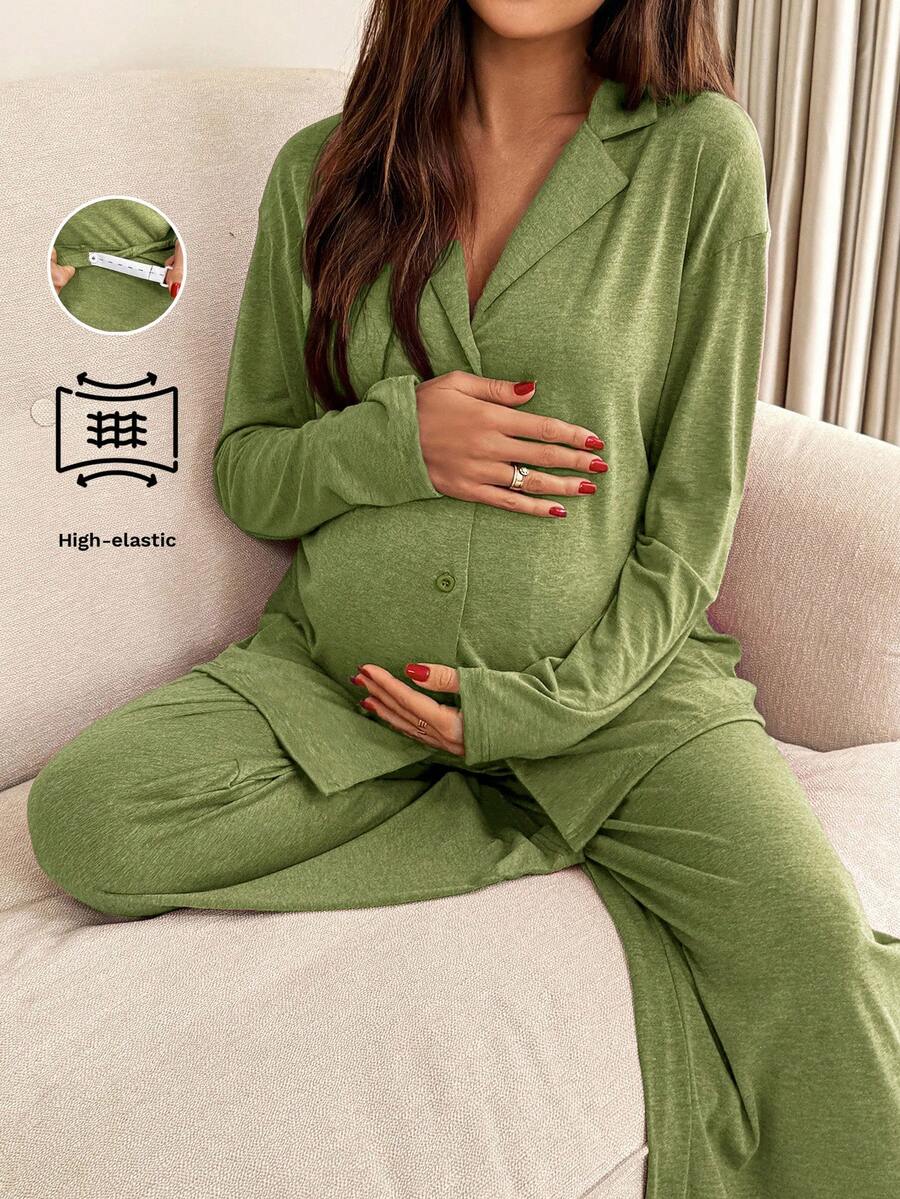 Green Maternity 2-Piece Lounge Set - V-Neck Long Sleeve Top and Pants Pajama Set - Soft Casual Maternity Sleepwear for Spring and Fall