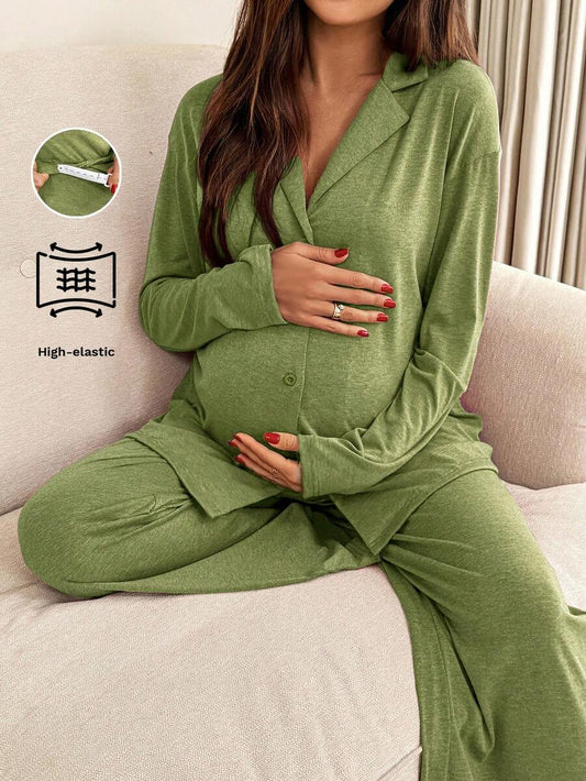 Green Maternity 2-Piece Lounge Set - V-Neck Long Sleeve Top and Pants Pajama Set - Soft Casual Maternity Sleepwear for Spring and Fall