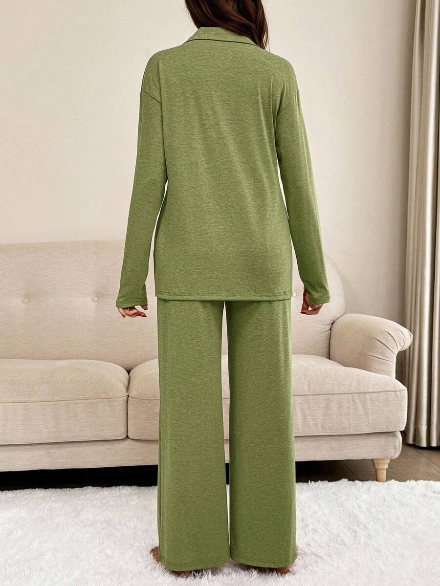 Green Maternity 2-Piece Lounge Set - V-Neck Long Sleeve Top and Pants Pajama Set - Soft Casual Maternity Sleepwear for Spring and Fall