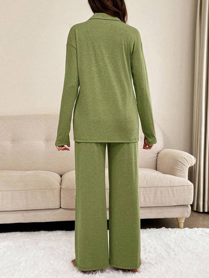 Khaki 2 Piece Maternity Loungewear Set - V-Neck Button Front Long Sleeve Top and Pants - Casual Loose Fit Maternity Sleepwear Suit