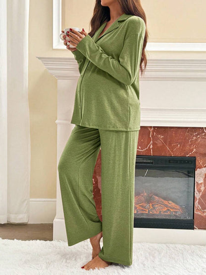 Green Maternity 2-Piece Lounge Set - V-Neck Long Sleeve Top and Pants Pajama Set - Soft Casual Maternity Sleepwear for Spring and Fall