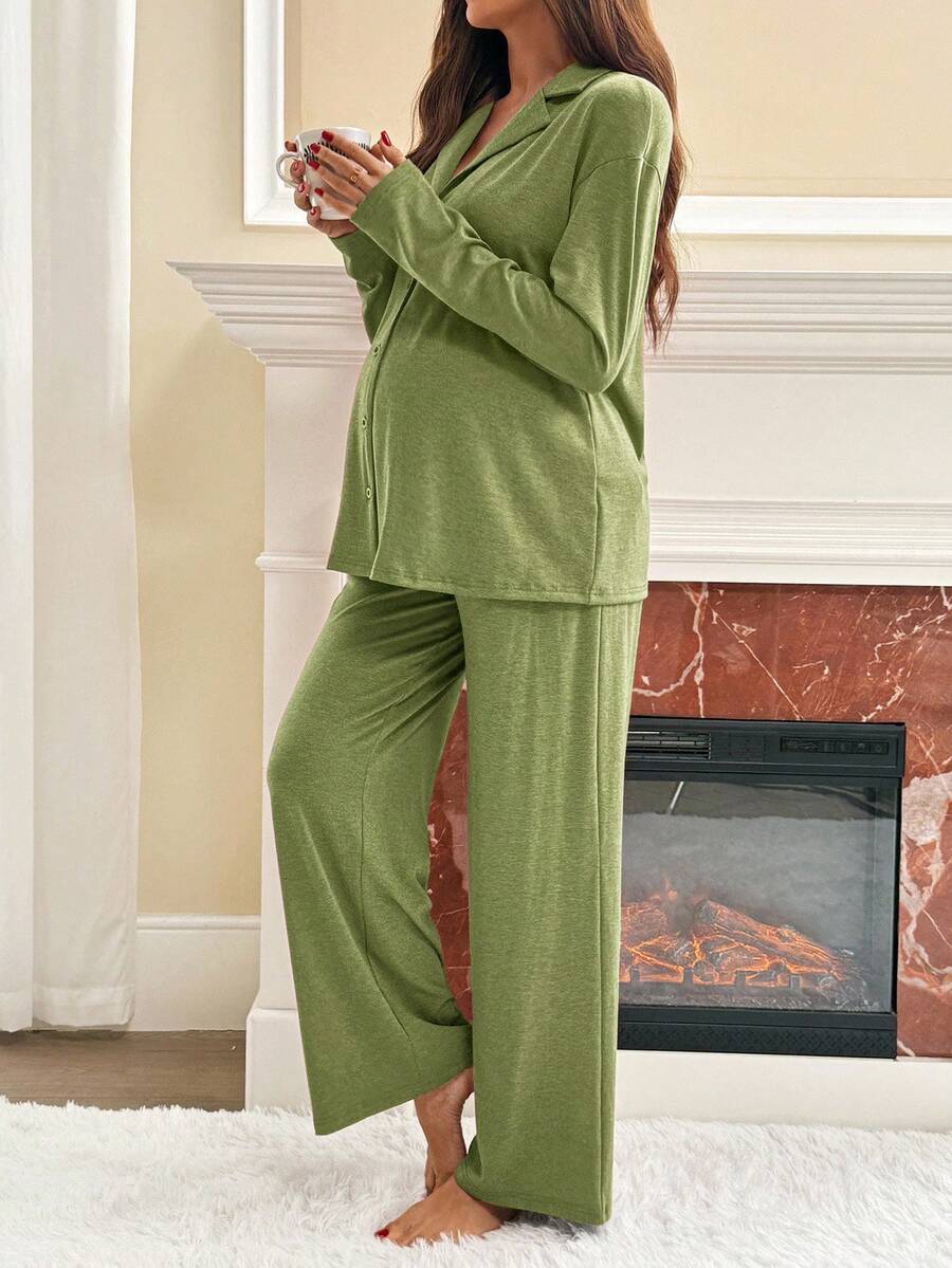 Khaki 2 Piece Maternity Loungewear Set - V-Neck Button Front Long Sleeve Top and Pants - Casual Loose Fit Maternity Sleepwear Suit