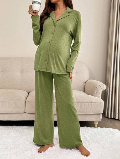 Khaki 2 Piece Maternity Loungewear Set - V-Neck Button Front Long Sleeve Top and Pants - Casual Loose Fit Maternity Sleepwear Suit