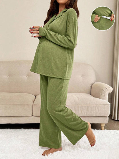 Khaki 2 Piece Maternity Loungewear Set - V-Neck Button Front Long Sleeve Top and Pants - Casual Loose Fit Maternity Sleepwear Suit