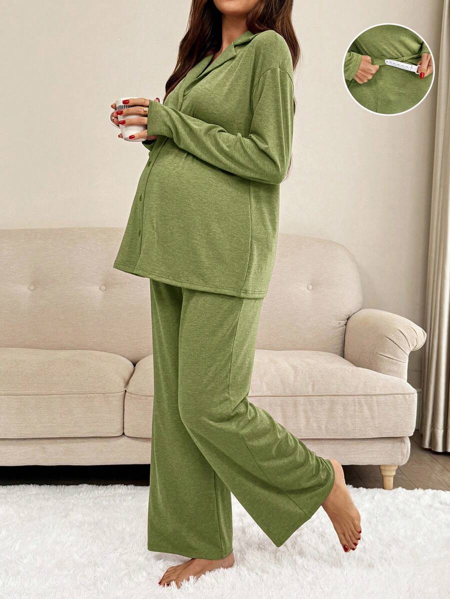 Green Maternity 2-Piece Lounge Set - V-Neck Long Sleeve Top and Pants Pajama Set - Soft Casual Maternity Sleepwear for Spring and Fall