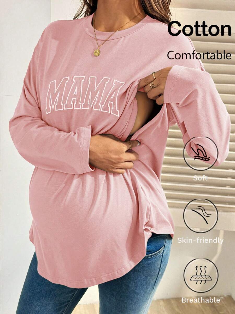 Black Cotton Mama Letter Nursing Sweatshirt Loose Fit Round Neck Long Sleeve Breastfeeding Top for New Moms Casual Maternity Streetwear