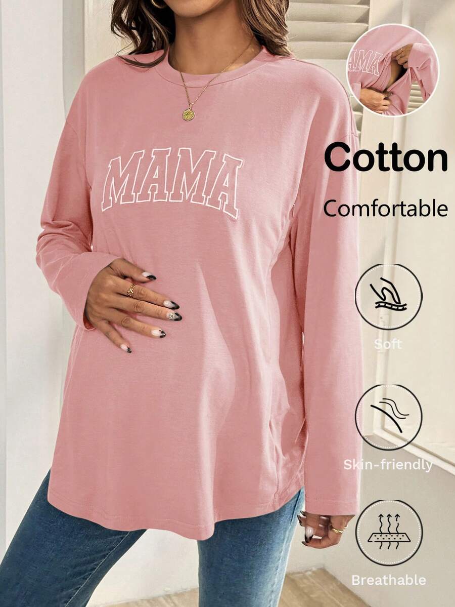 Black Cotton Mama Letter Nursing Sweatshirt Loose Fit Round Neck Long Sleeve Breastfeeding Top for New Moms Casual Maternity Streetwear