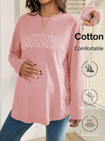 Black Cotton Mama Letter Nursing Sweatshirt Loose Fit Round Neck Long Sleeve Breastfeeding Top for New Moms Casual Maternity Streetwear
