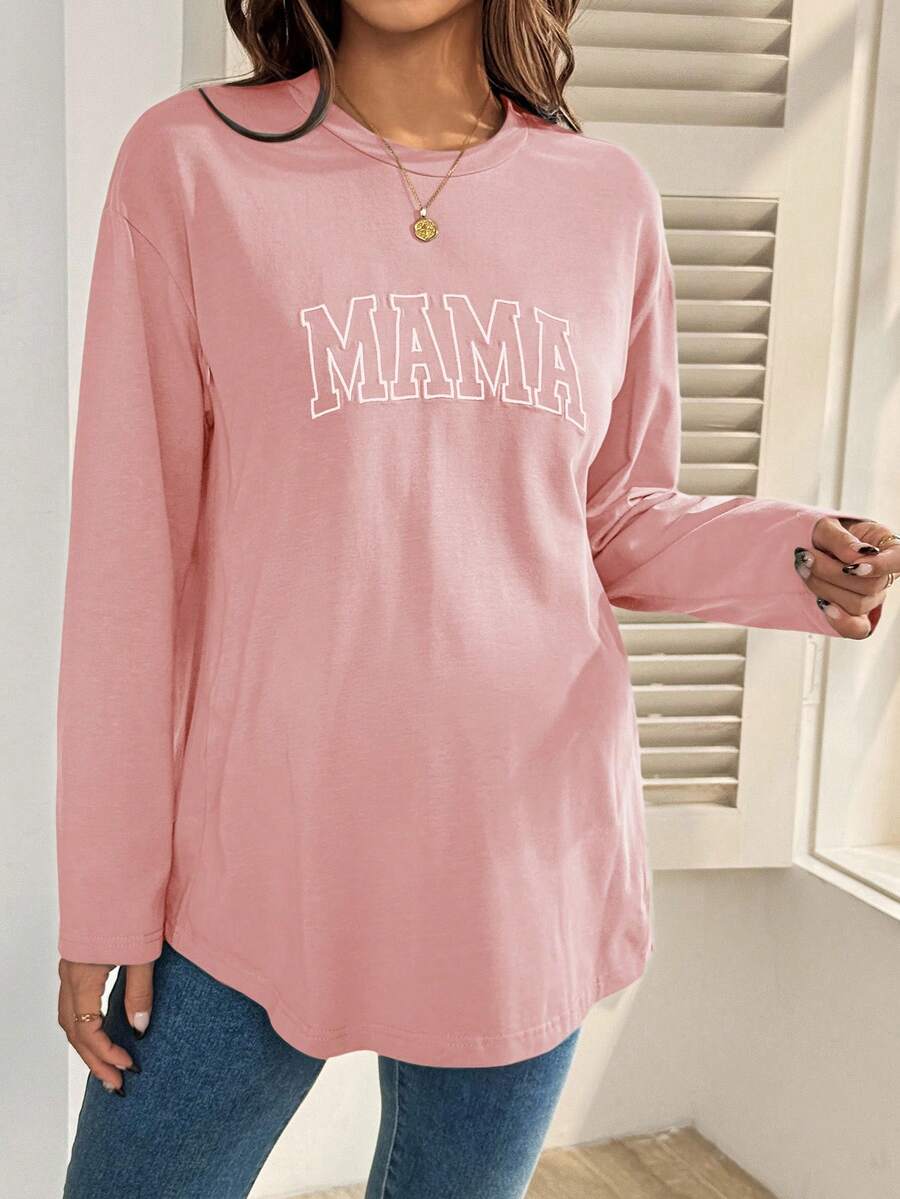 Black Cotton Mama Letter Nursing Sweatshirt Loose Fit Round Neck Long Sleeve Breastfeeding Top for New Moms Casual Maternity Streetwear