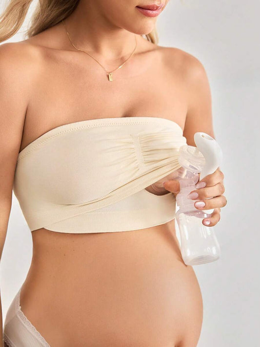 Maternity Bandeau Nursing Bra - Seamless Strapless High Elasticity Ruched Minimalist, Skin Tone