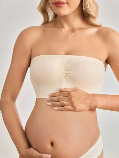Maternity Bandeau Nursing Bra - Seamless Strapless High Elasticity Ruched Minimalist, Skin Tone