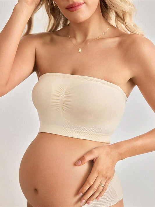 Maternity Bandeau Nursing Bra - Seamless Strapless High Elasticity Ruched Minimalist, Skin Tone