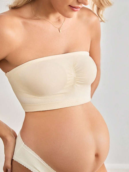 Maternity Bandeau Nursing Bra - Seamless Strapless High Elasticity Ruched Minimalist, Skin Tone