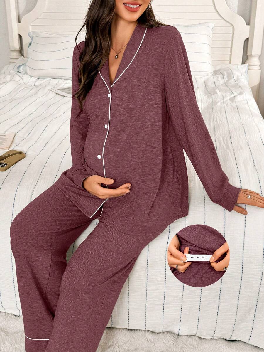 Moonlight and Mama Khaki Contrast Trim Maternity Pajama Set - Long Sleeve Lapel Collar Top and Pants 2 Piece Set - Casual Fall Winter Sleepwear