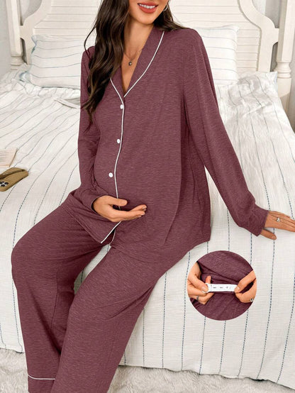Moonlight and Mama Khaki Contrast Trim Maternity Pajama Set - Long Sleeve Lapel Collar Top and Pants 2 Piece Set - Casual Fall Winter Sleepwear