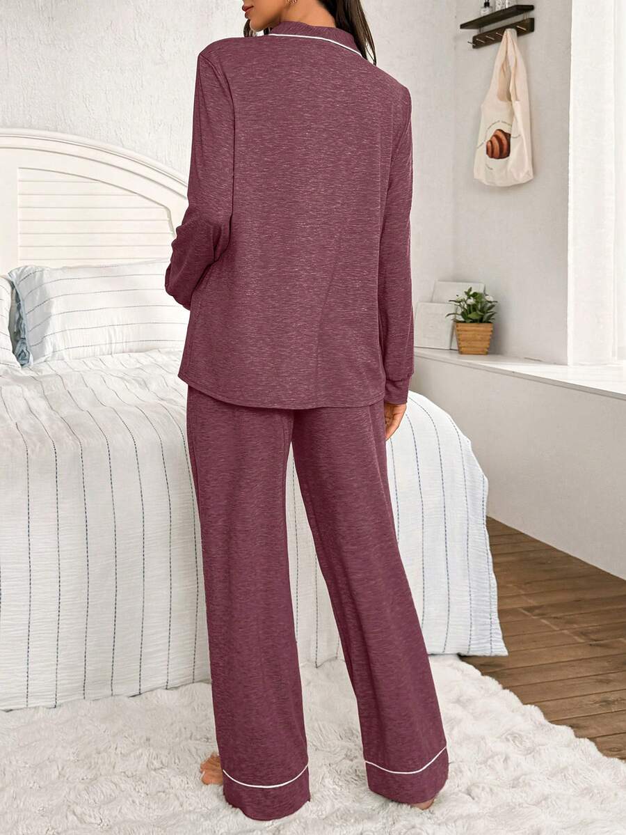 Moonlight and Mama Khaki Contrast Trim Maternity Pajama Set - Long Sleeve Lapel Collar Top and Pants 2 Piece Set - Casual Fall Winter Sleepwear