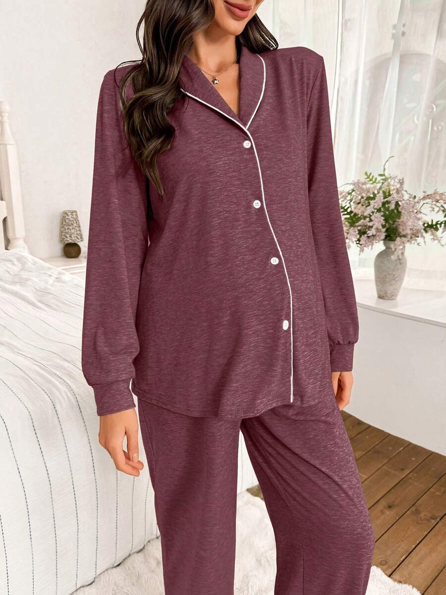 Moonlight and Mama Khaki Contrast Trim Maternity Pajama Set - Long Sleeve Lapel Collar Top and Pants 2 Piece Set - Casual Fall Winter Sleepwear