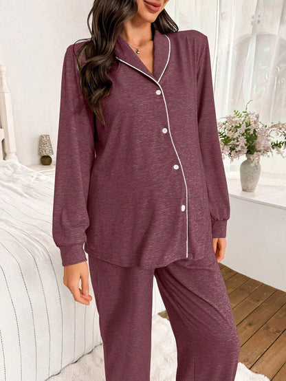 Moonlight and Mama Khaki Contrast Trim Maternity Pajama Set - Long Sleeve Lapel Collar Top and Pants 2 Piece Set - Casual Fall Winter Sleepwear