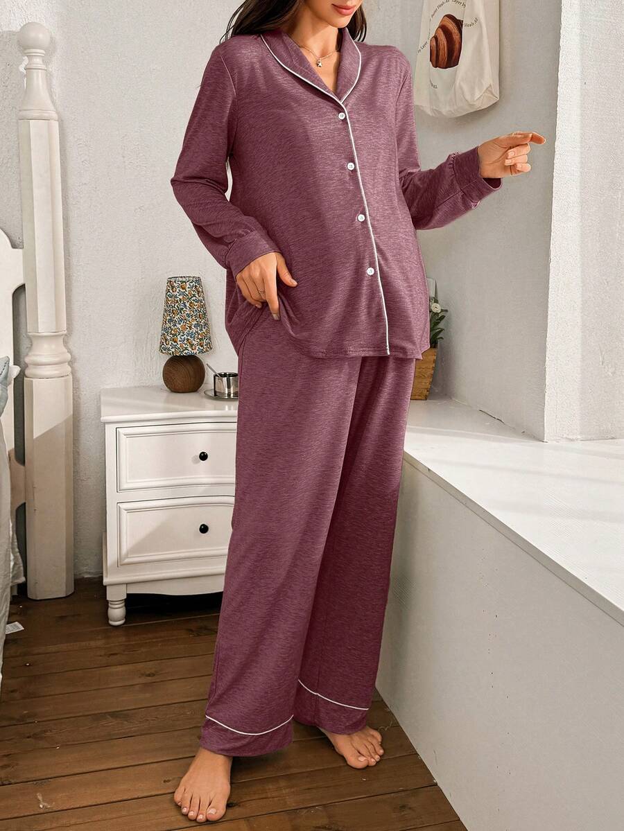 Moonlight and Mama Khaki Contrast Trim Maternity Pajama Set - Long Sleeve Lapel Collar Top and Pants 2 Piece Set - Casual Fall Winter Sleepwear