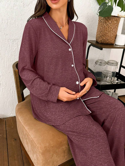 Moonlight and Mama Khaki Contrast Trim Maternity Pajama Set - Long Sleeve Lapel Collar Top and Pants 2 Piece Set - Casual Fall Winter Sleepwear