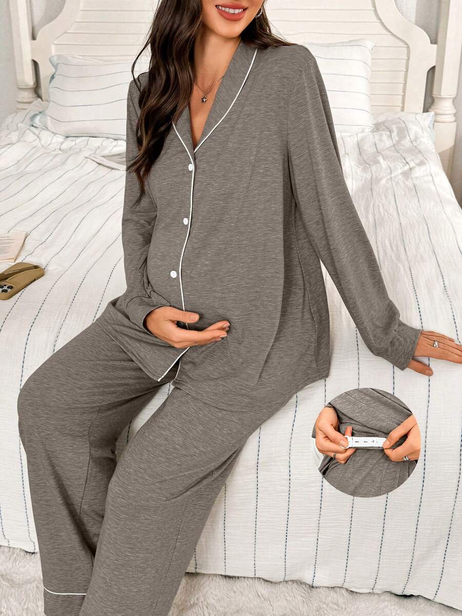 Moonlight and Mama Khaki Contrast Trim Maternity Pajama Set - Long Sleeve Lapel Collar Top and Pants 2 Piece Set - Casual Fall Winter Sleepwear